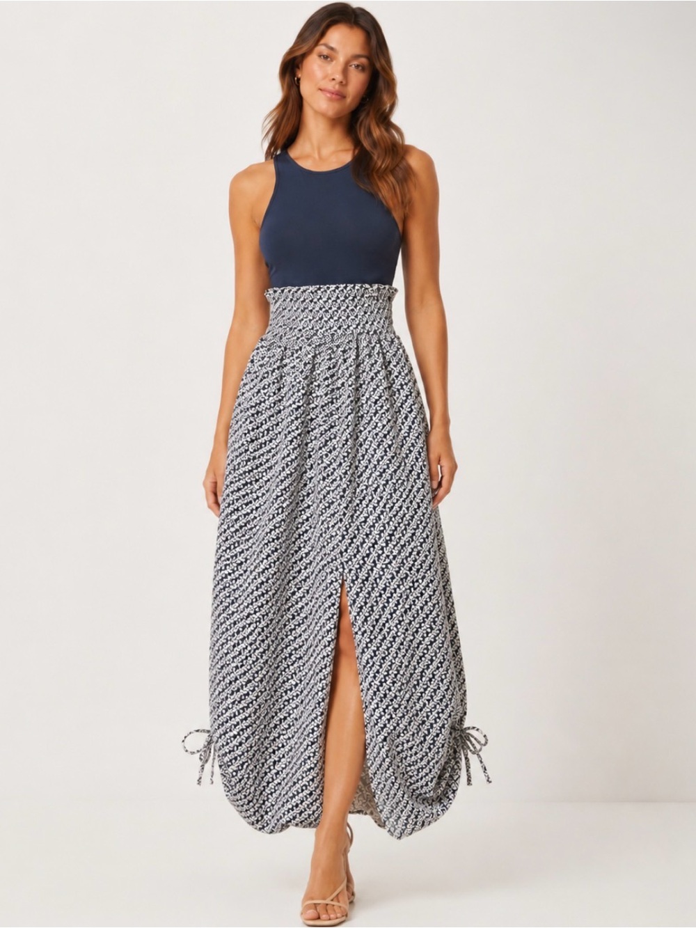 FARAHBELLA Geometric Paperbag Waist Ruched Maxi Skirt